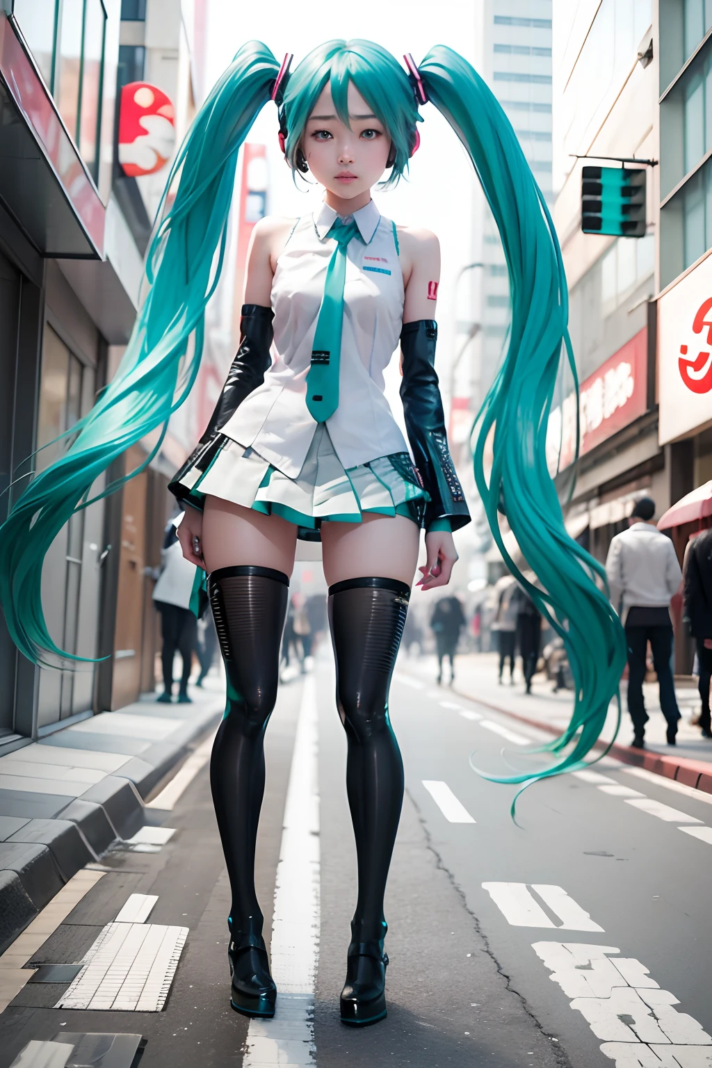 Araffe girl with long green hair and black stockings walking down a street  - SeaArt AI