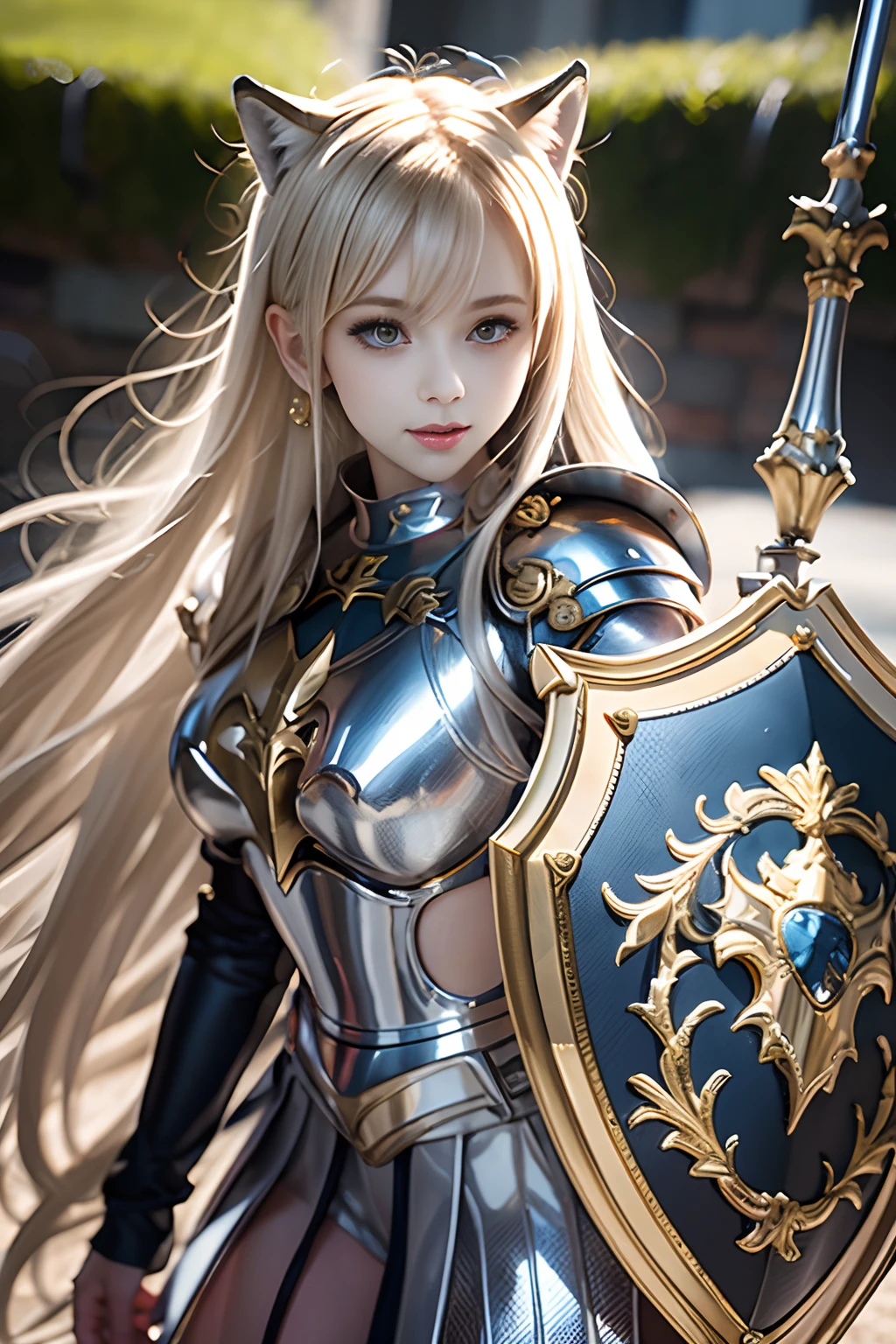 Women like Joan of Arc、Knights, golden armour，Gold Armor，With a sword and shield，Royal style，Comic style, , Sub-surface scattering, ornate detail, nature backdrop, Hyper-realistic, Cinematic, Dramatic Lighting, masutepiece、Armor with a wolf motif、Wolf ears、