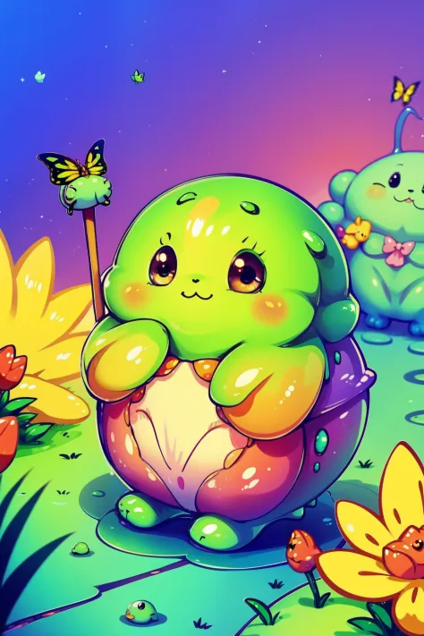 a cute little slime monster walks happily in a magic city,, cute bunnies follow the little monster.t, butterflys, candy shop