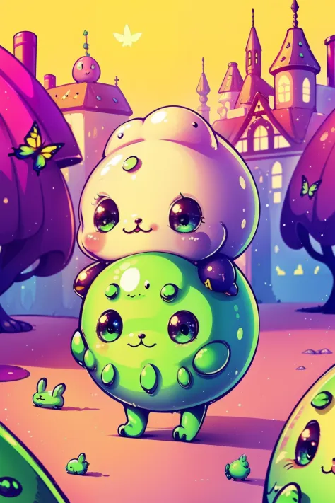 a cute little slime monster walks happily in a magic city,, cute bunnies follow the little monster.t, butterflys, candy shop