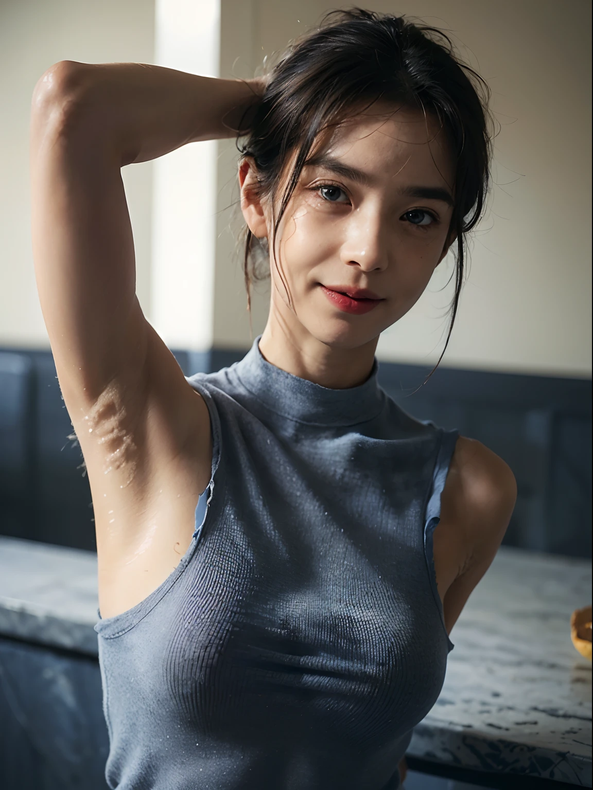 ((armpit pose、Show armpits、Armpit、There are many wrinkles in the armpits、Detailed armpit wrinkles、Show underarms、Armpit、Detailed armpit wrinkles、Brightly lit armpits、The upper part of the body、Show the navel、Navel is visible、Navel、Detailed armpit wrinkles、detailed skin textures、Raise your hand to show your armpits、Armpit、Navy blue sleeveless sweater、Dark blue high neck sleeveless sweater、high-ponytail Hairstyle、Raise your hands to show your armpits、red lipsticks、red lipsticks、in a cafe))、((Wrinkles under the armpits、Realistic armpit wrinkles:1.8))、(realisitic、Photorealsitic:1.37)、(8K、Raw photography、top-quality、​masterpiece:1.2)、cute little、ultra-detailliert、Blue Pupils、physically-based renderingt、超A high resolution、Kodak Vision Color、Captured with an Arricam LT camera、sharp、foco nítido、looking at viewerer、Photorealsitic、realisitic、独奏、Photorealsitic、top-quality、extra detailed face、extremely detailed eye and face、beatiful detailed eyes、absurderes、incredibly absurdness、haunting smile、