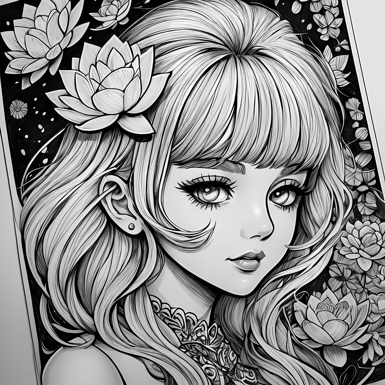Black and white stick figure girl with lotus flower in background, loli in dress with flowers, its fine ink line art, comic style, portrait of magical marilyn munroe beautiful line art, black and white comic style, manga style, manga art style, pencil and ink caricature drawing, black and white coloring --auto --s2