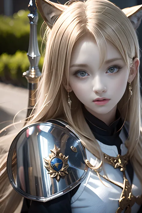 Women like Joan of Arc、Knights, With a sword and shield，Royal style，Comic style, , Sub-surface scattering, ornate detail, nature backdrop, Hyper-realistic, Cinematic, Dramatic Lighting, masutepiece、Armor with a wolf motif、Wolf ears、