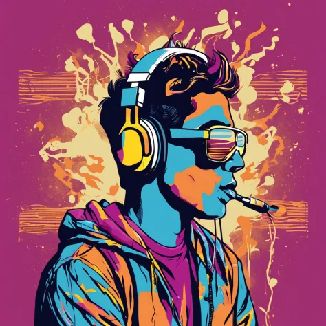 Ready-to-print vector T-shirt art Colorful graffiti illustration of a silhouette of a boy with headphones listening to music, Christian, Catholic elements, cor vibrante, Very high detail