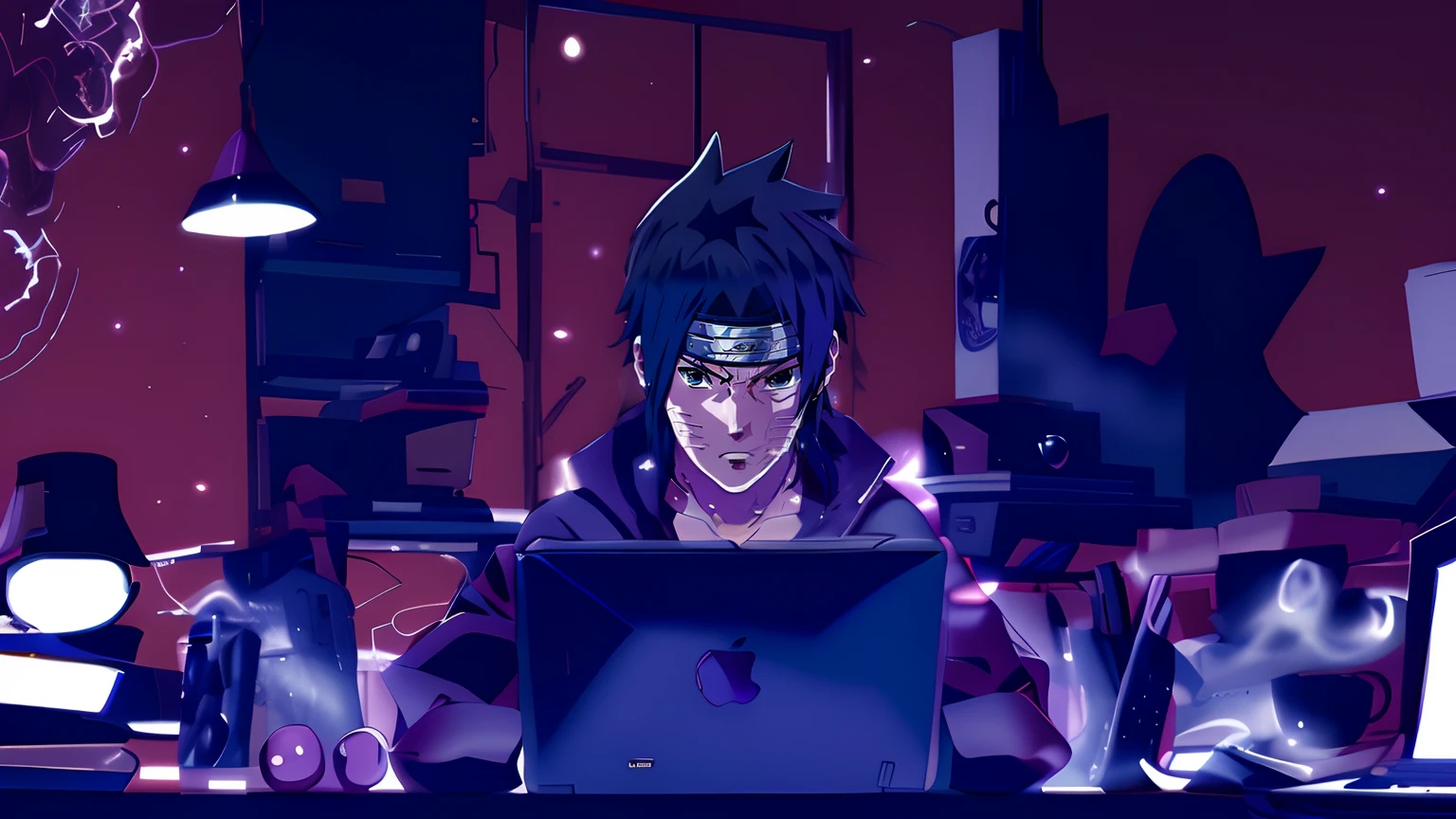 personnage d&#39;anime assis à une table avec un ordinateur portable, Sasuke Uchiha, style animé 4K, Anime dur à cuire 8 K, style animé moderno, style animé. 8k, itatchi uchiha, style anime épique, Steve Jobs devient Hokage, style animé muito moderno, style animé", style animé 2D, em style animé, style artistique ufotable