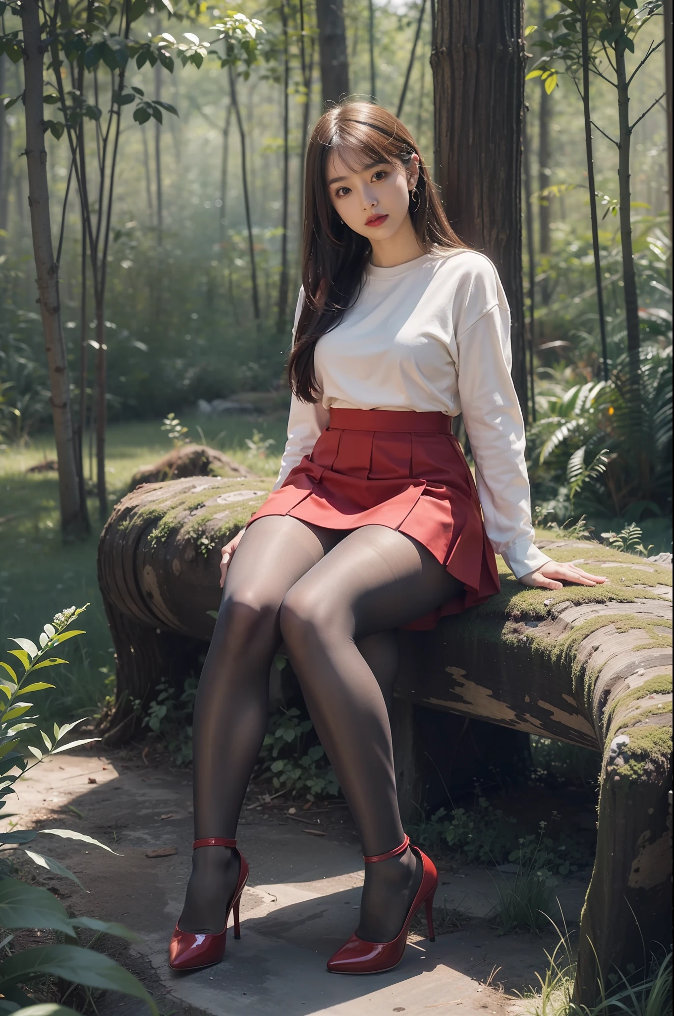 (full body:1.5)，(1girl:1.3),(view the viewer:1.4)，(anatomy correct:1.3),(Sitting in the forest gesticulating with hands and feet:1.2),(Wearing a red skirt:1.2),( Very thick Lime Pantyhose:1.3),( girl pointed thick heels :1.1)，(Accurate and perfect face:1.3),hyper HD, Ray traching, reflective light， structurally correct, Award-Awarded, high detail, lighten shade contrast, Face lighting ，cinematic lighting, masterpiece, super detailing, high quality, high detail, best quality, 16k，High contrast,