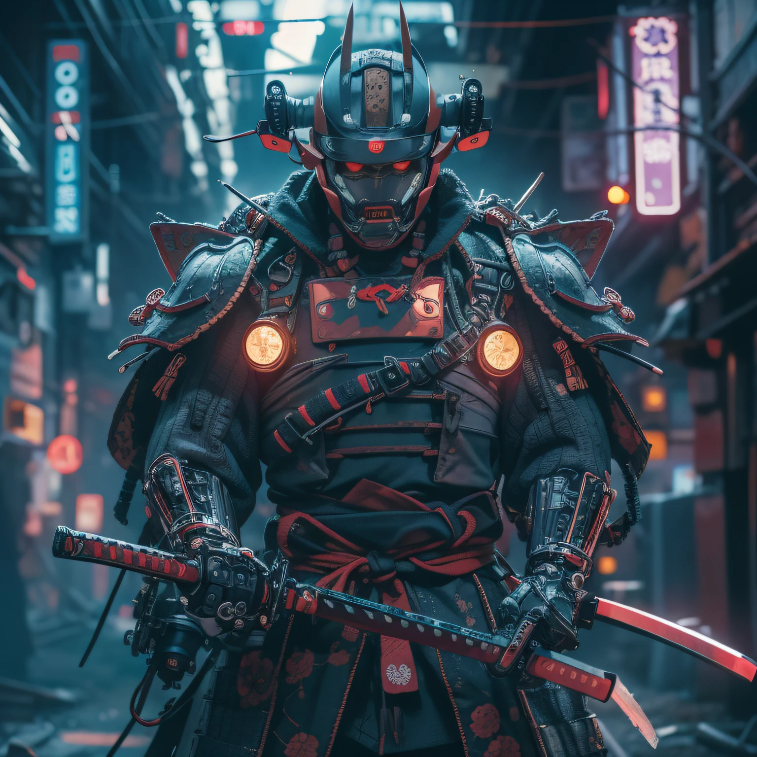 A cybernetic samurai in a dystopian environment, illustration by Hiroshi Tanaka, Fusion of traditional samurai elements with advanced technology, Bright eyes with cybernetic implants, armadura de alta tecnologia, Katana futurista, Neon and smoke on set (best quality), (8K resolution), (Ultra Highres)