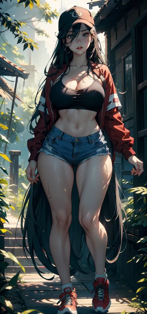 1female，35yo，熟妇，gigantic cleavage breasts，Big breasts Thin waist，long leges，Pornographic exposure， 独奏，（Background with：ln the forest，the rainforest，in summer） She has long black hair，standing on your feet，Sweat profusely，drenched all over the body，seen fro...