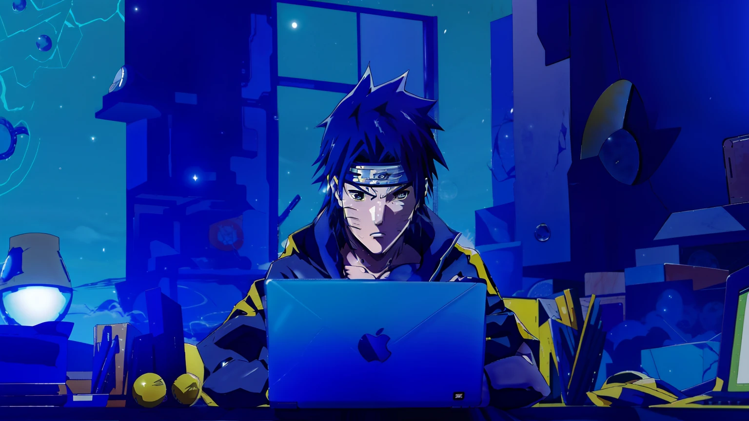 Anime-Charakter, der mit einem Laptop an einem Tisch sitzt, Sasuke Uchiha, Anime-Stil 4K, Badass-Anime 8 K, Anime-Stil moderno, Anime-Stil. 8k, itatchi uchiha, Epischer Anime-Stil, Steve Jobs als Hokage, Anime-Stil muito moderno, Anime-Stil", Anime-Stil 2D, em Anime-Stil, Ufotable-Kunststil, Blaue und gelbe Landschaft, Blauer Hintergrund, Blaue und gelbe Details