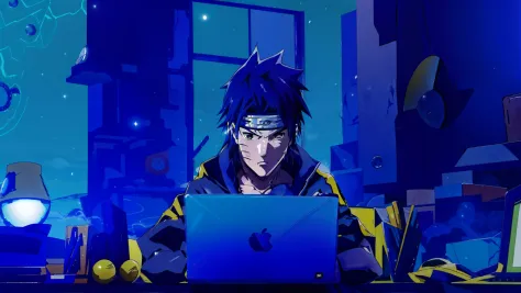 personagem de anime sentado em uma mesa com um laptop, sasuke uchiha, Estilo anime 4K, badass anime 8 k, Estilo anime moderno, E...