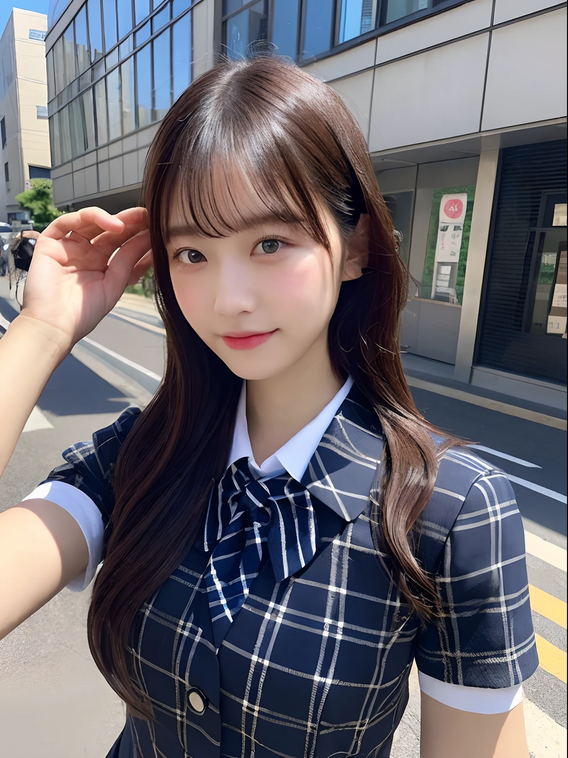 ((top-quality、8K、​masterpiece：1.3))、sharp focus：1.2、Beautiful  in perfect style：1.4、A slender、((A darK-haired、 out：1.2))、gravure model、(natural soft light、street snap、TOKYOcty、harajuku:1.1)、Highly detailed facial and skin texture、A detailed eye、double eyelid、Sweaty、A sexy、((Uniform 1.5))、jk suit plaid skirt pleated skirt shirt bowtie