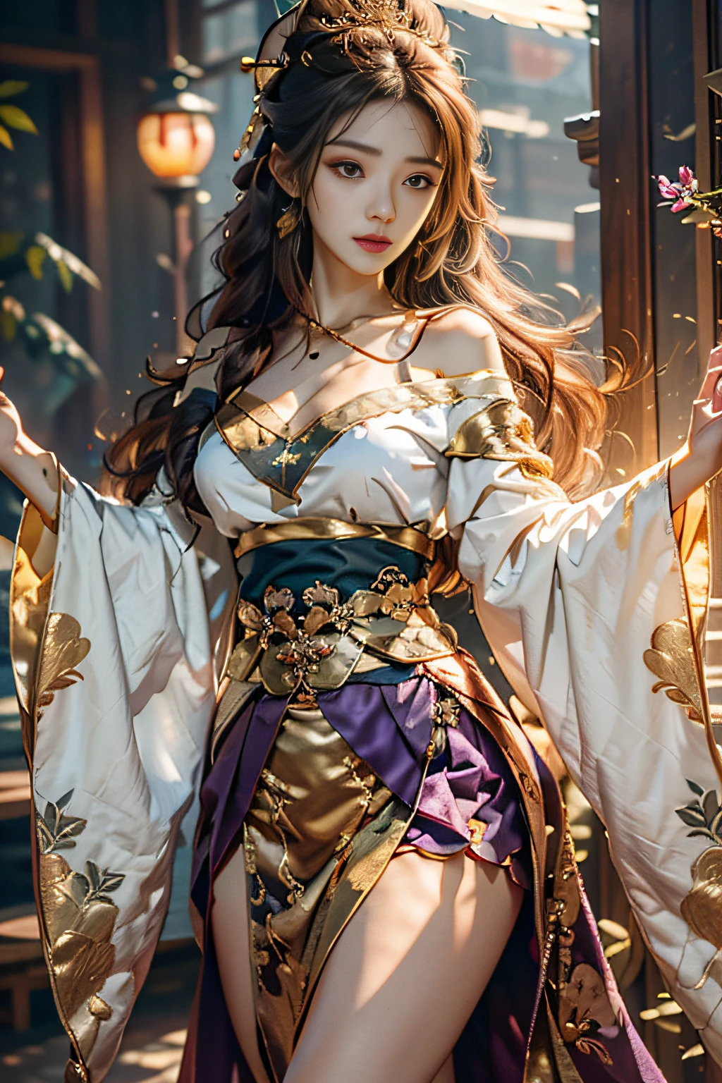 Superb Quality, Masterpiece, High Resolution, (Exquisite Body: 1.5), Beauty, Bare Shoulders, Oversized Breasts (2.5) Wide Buttocks, Thin Waist, Stunning Beauty, (Milky Skin: 1.3), Exquisite Details, High Resolution, Wallpaper, 1 Woman, Solo, Dress, Hair Accessories, (((Golden Purple Skirt)), Flower, Long Hair, Brown Hair, Shut Up, Accessories, Long Sleeves, Raised Hands, Wide Sleeves, Big Eyes, Flowing Hair, Hanfu, Hanfu, Embroidery, Long Dress, Natural Pose, Falling Petals, Indoor, Fanning, Lantern, 16K, HDR, High resolution, depth of field, (film grain: 1.1), Bocon, prime time, (lens flare), vignetting, rainbow, (color grading: 1.5)