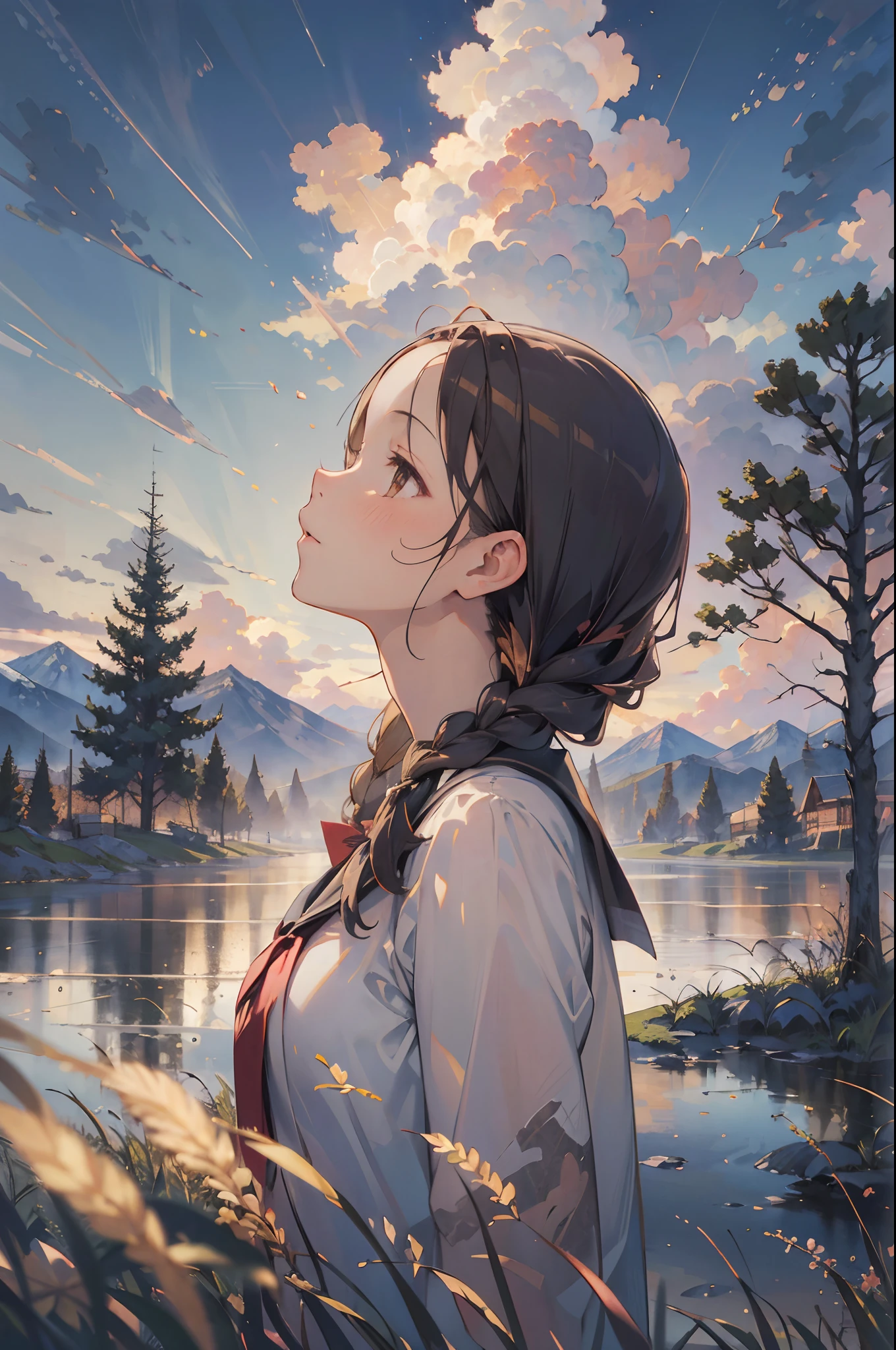 schoolgirls，Golden braids，Real hair，intricate hair，Hairline，Skysky，​​clouds，The tree，mountain in the distance，depth of fields，portraitures，the sideview，Side Body，head looking up，Look at the sky，Bust photo，offcial art，tmasterpiece，high qulity，A high resolution，