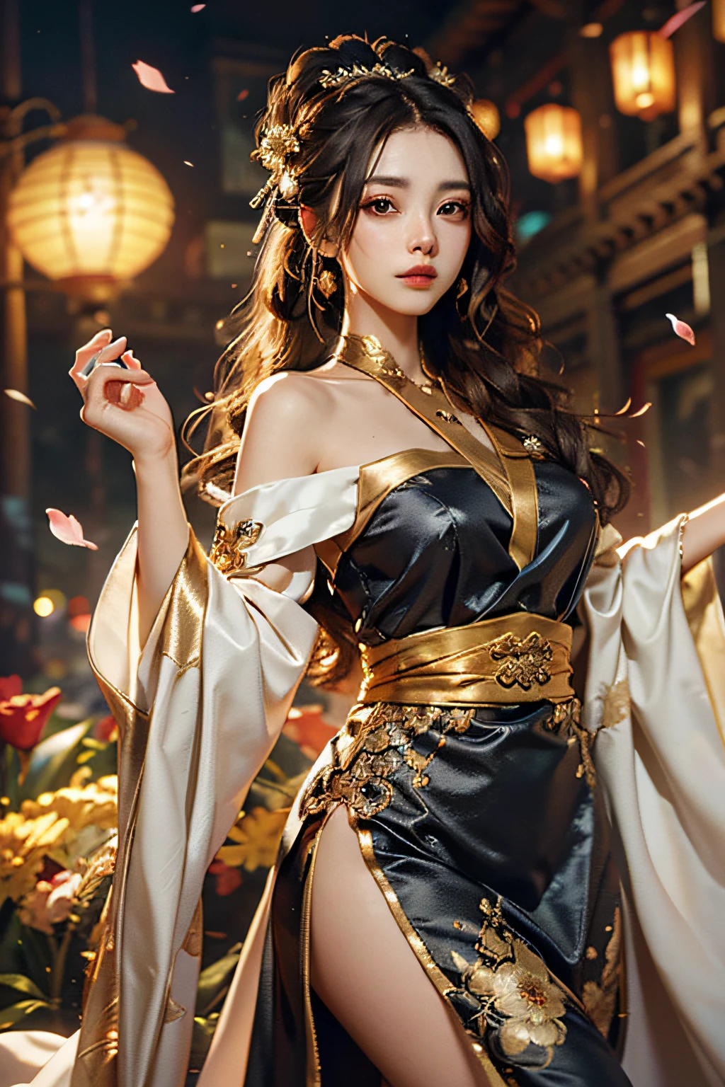 Superb Quality, Masterpiece, High Resolution, (Exquisite Body: 1.5), Beauty, Bare Shoulders, Extra Large Breasts (2.5) Wide Buttocks, Thin Waist, Stunning Beauty, (Milky Skin: 1.3), Exquisite Details, High Resolution, Wallpaper, 1 Woman, Solo, Dress, Hair Accessories, (((Golden Black Dress)) ), Flower, Long Hair, Brown Hair, Shut Up, Accessories, Long Sleeves, Raised Hands, Wide Sleeves, Big Eyes, Flowing Hair, Hanfu, Hanfu, Embroidery, Long Dress, Natural Pose, Falling Petals, Indoor, Fanning, Lantern, 16K, HDR, High resolution, depth of field, (film grain: 1.1), Bocon, prime time, (lens flare), vignetting, rainbow, (color grading: 1.5)