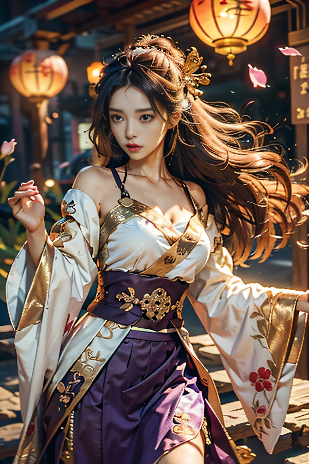 Superb Quality, Masterpiece, High Resolution, (Exquisite Body: 1.5), Beauty, Bare Shoulders, Oversized Breasts (2.5) Wide Buttocks, Thin Waist, Stunning Beauty, (Milky Skin: 1.3), Exquisite Details, High Resolution, Wallpaper, 1 Woman, Solo, Dress, Hair Accessories, (((Golden Purple Skirt)), Flower, Long Hair, Brown Hair, Shut Up, Accessories, Long Sleeves, Raised Hands, Wide Sleeves, Big Eyes, Flowing Hair, Hanfu, Hanfu, Embroidery, Long Dress, Natural Pose, Falling Petals, Indoor, Fanning, Lantern, 16K, HDR, High resolution, depth of field, (film grain: 1.1), Bocon, prime time, (lens flare), vignetting, rainbow, (color grading: 1.5)