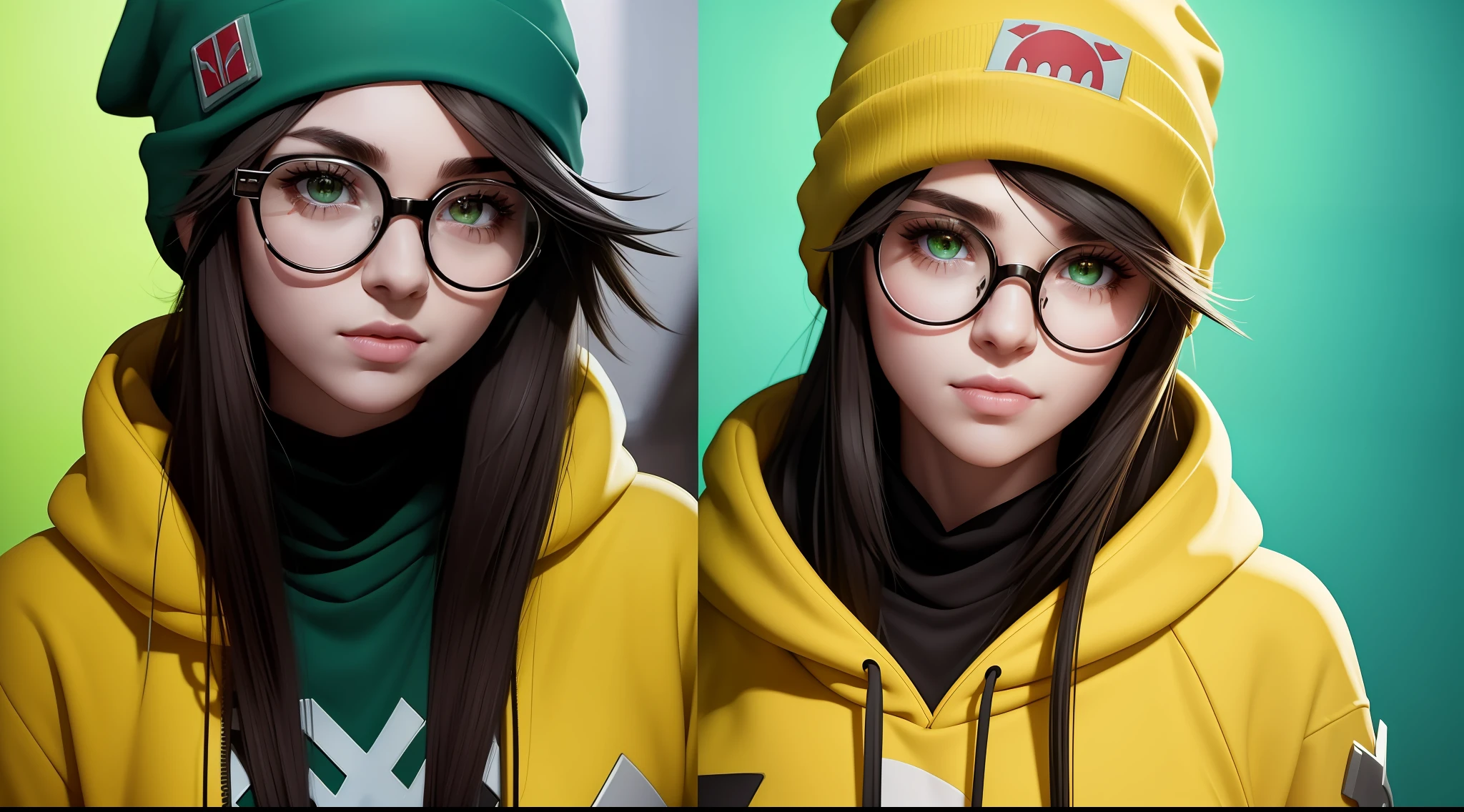 killjoy valorant, parte superior del cuerpo enfocada, Una chica con gafas perfectas y gorro verde., sudadera con capucha amarilla, ojos marrones brillantes, pelo verde oscuro, Antecedentes informáticos, Bonita cara perfecta con piel suave., Detalle intrincado, Resolución 8K, Obra maestra, Resolución 8K photorealistic Obra maestra, fotografía profesional, iluminación natural, textura detallada,