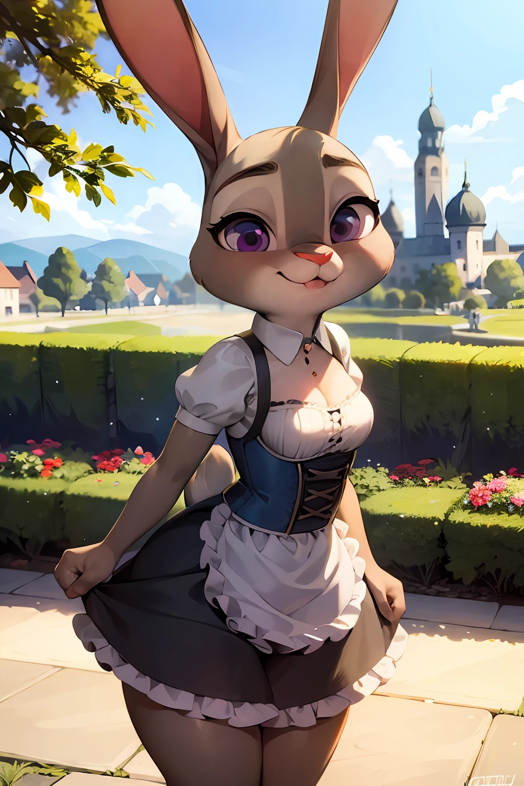 Vestido tradicional alemão, dirndl, traje tradicional da Baviera, Jardim tranquilo, garota solitária, Judy Hopps, rosto adorável, expressão fofa, anatomia perfeita, cenário bonito, rosto detalhado.