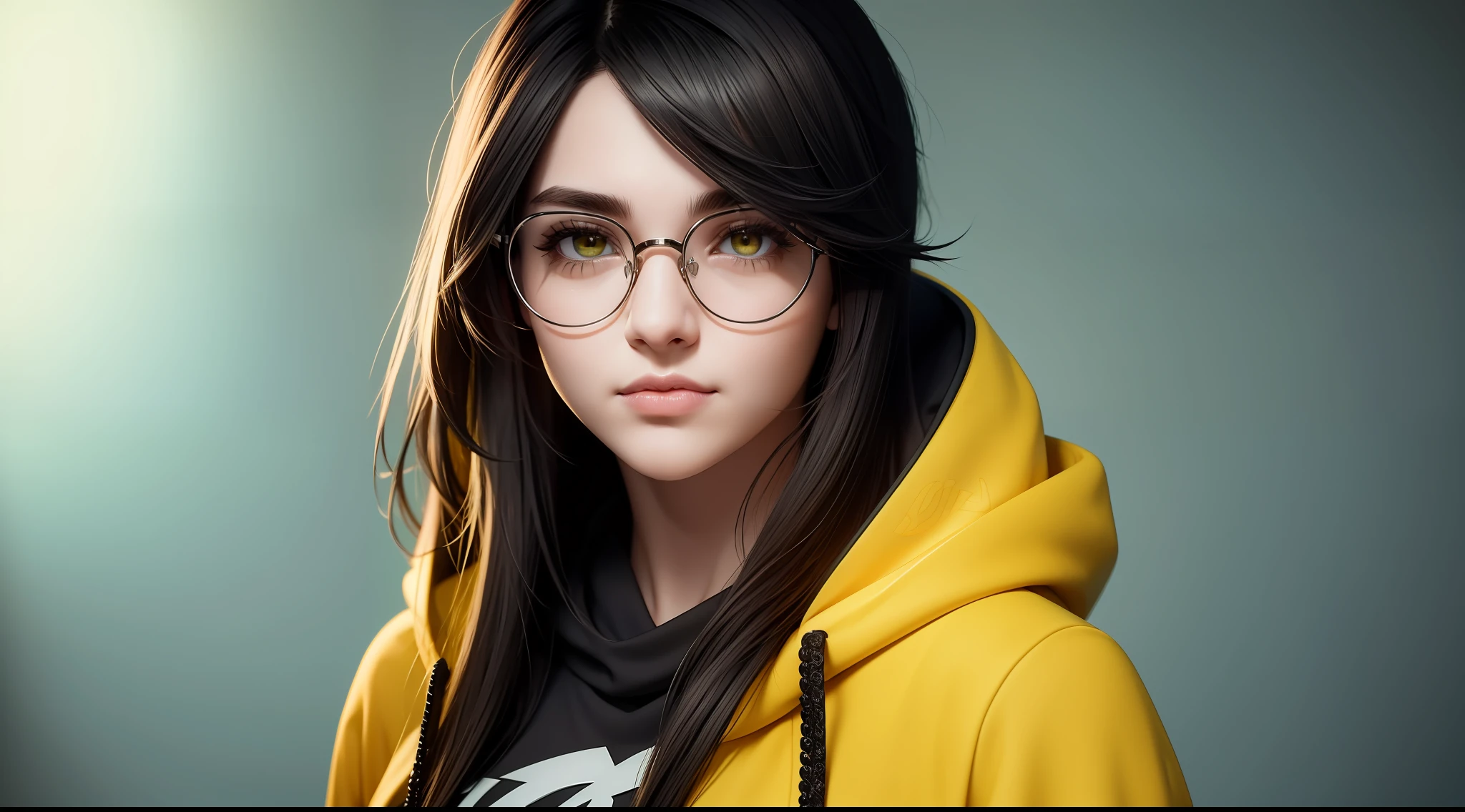 キルジョイ ヴァロラント, 集中した上半身, 女の子1人, 眼鏡をかけている, 黄色のパーカー, 輝く茶色の目, ダークグリーンの髪, コンピュータの背景, 柔らかい肌と完璧な顔, 複雑な詳細, 8K解像度, 傑作, 8K解像度 photorealistic 傑作, プロの写真撮影, 自然光, 詳細なテクスチャ,