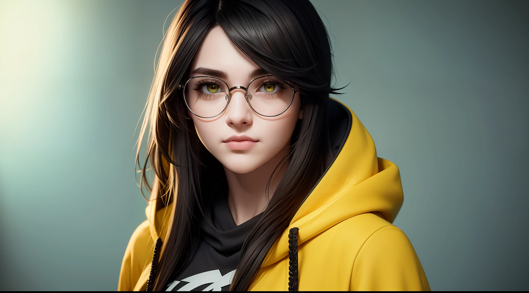 killjoy valorant, focused upper body, 1 girl, wearing glasses, yellow hoodie, sparkling brown eyes, dark green hair, computer background, nice perfect face with soft skin, intricate detail, 8k resolution, masterpiece, 8k resolution photorealistic masterpiece, professional photography, natural lighting, detailed texture,