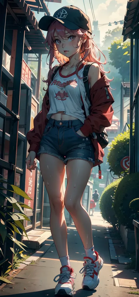 1female，11yo，bit girl，Small loli，super adorable，Tiny breasts，Pornographic exposure， 独奏，（Background with：ln the forest，the rainforest，in summer） She has long pink hair，The hair was long，With baseball cap，standing on your feet，Sweat profusely，drenched all ov...