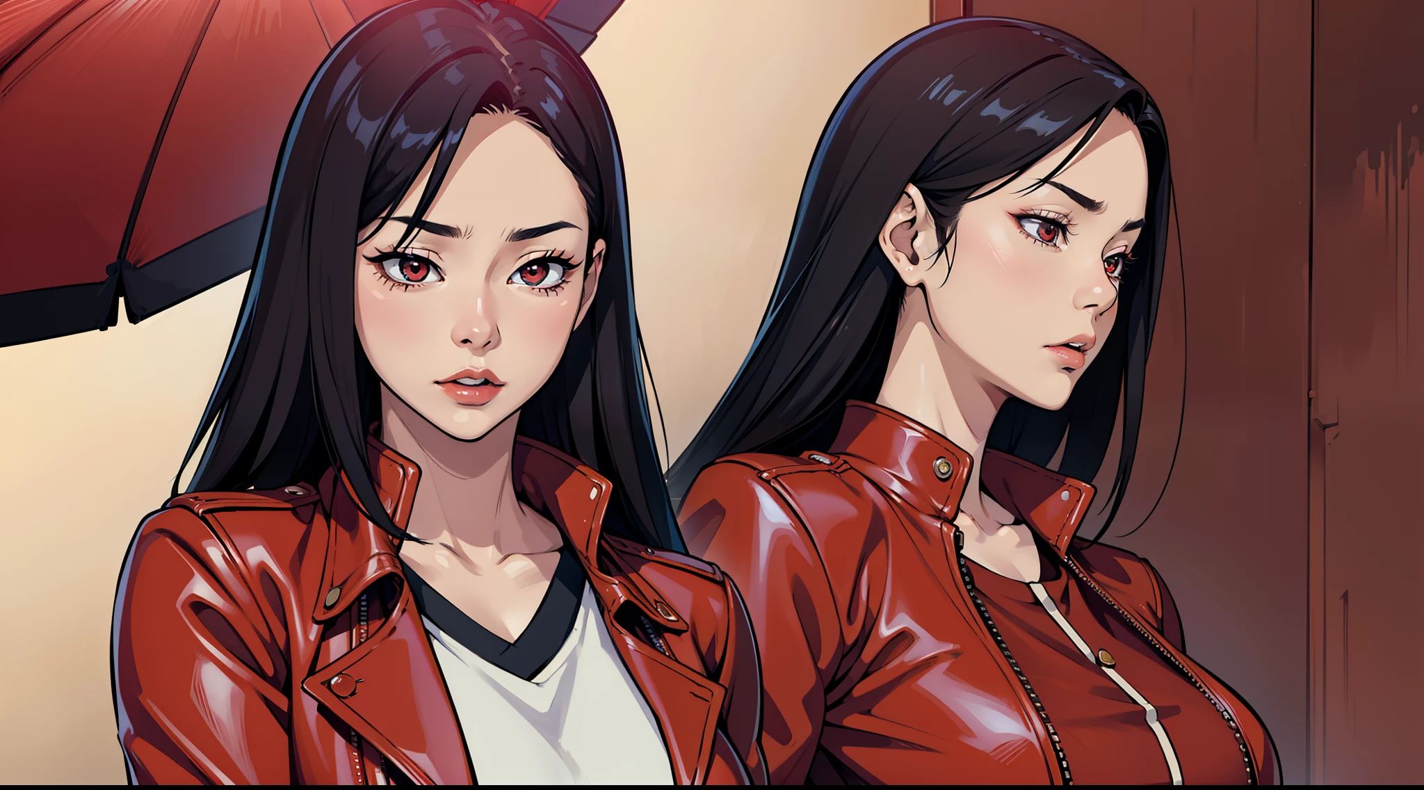 A mature and beautiful Japanese woman，Wearing a red leather jacket，Elegant sexy pose，Resentful eyes，tmasterpiece，super detailing，Epic composition，hyper HD，high qulity，extremely detaile，offcial art，Uniform 8k wallpaper，super detailing，32k