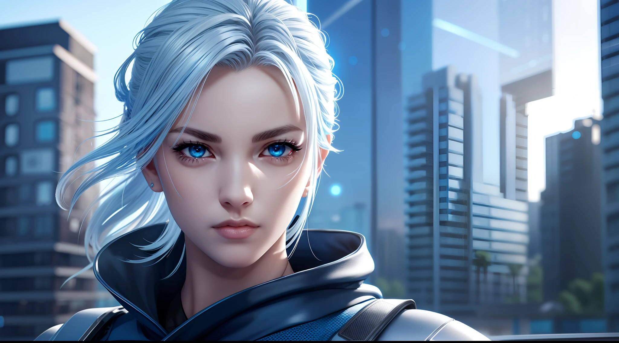 jett valorant, focused upper body, 1 girl, wearing blue ninja outfit, sparkling blue eyes, silver hair, highrise building background, nice perfect face with soft skin, intricate detail, 8k resolution, masterpiece, 8k resolution photorealistic masterpiece, professional photography, natural lighting, detailed texture,