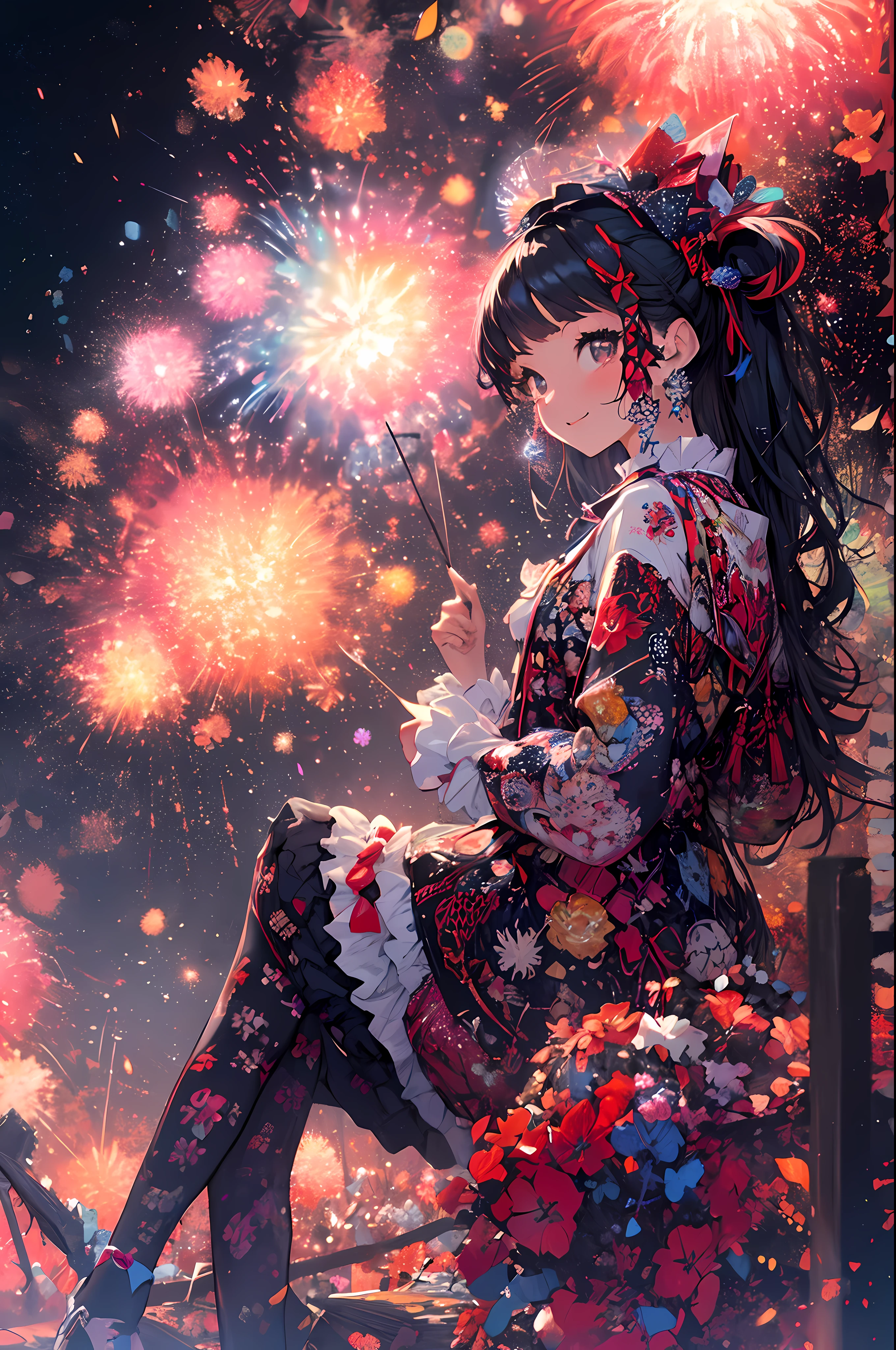 ((Fireworks display seen from space)),Fireworks are the main composition，Fireworks display beyond imagination，innocent smiles、eye glass、Never seen、Seven colors,(1girl in, Solo:1.6),(Cute smile),(Clothes are simple), (Best Impact:1.5), (maximalism:1.7), Vivid contrast, (Realistic), hyperrealistic illustrations, hight resolution, ultra-detailliert, absurderes,(Fractal Art:1.3)、Random hairstyle、Random hair color colorful、FULL BODYSHOT、Retro、Precise focus、randome pose、cinema4d、Drama