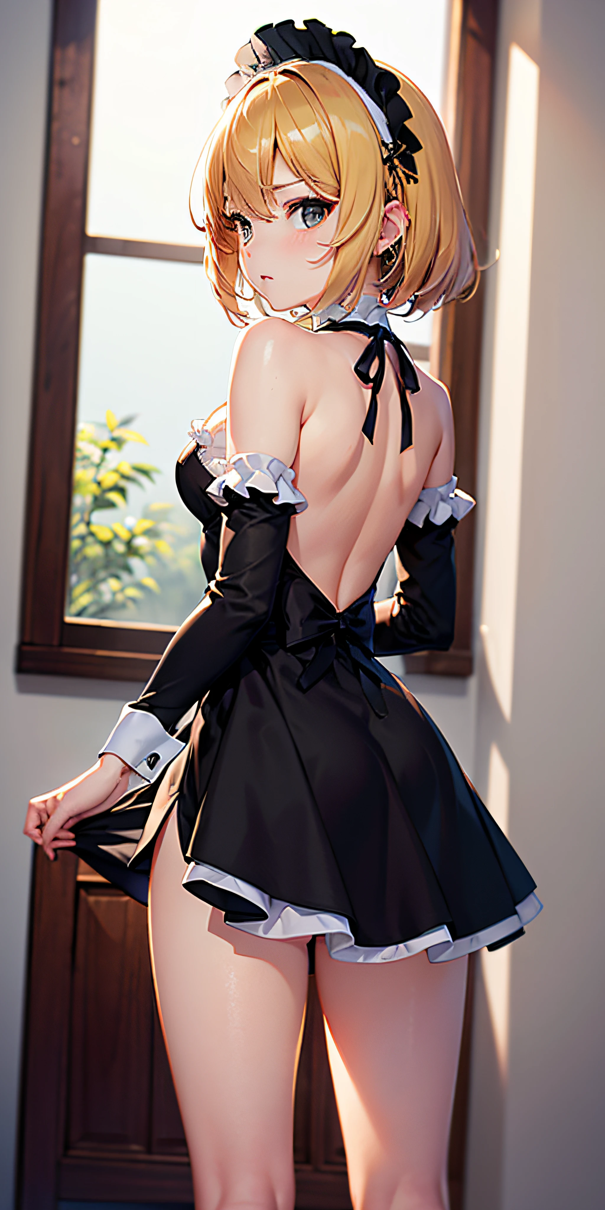 (Anime girl with random hair color and cat ears), Ruby eyes, blush, ((ultra short maid dress with short mini skirt)), bare legs, look back, high contrast, Rear side solar lighting, masterpiece, Extraordinarily nice, Canon EOS 50mm camera.