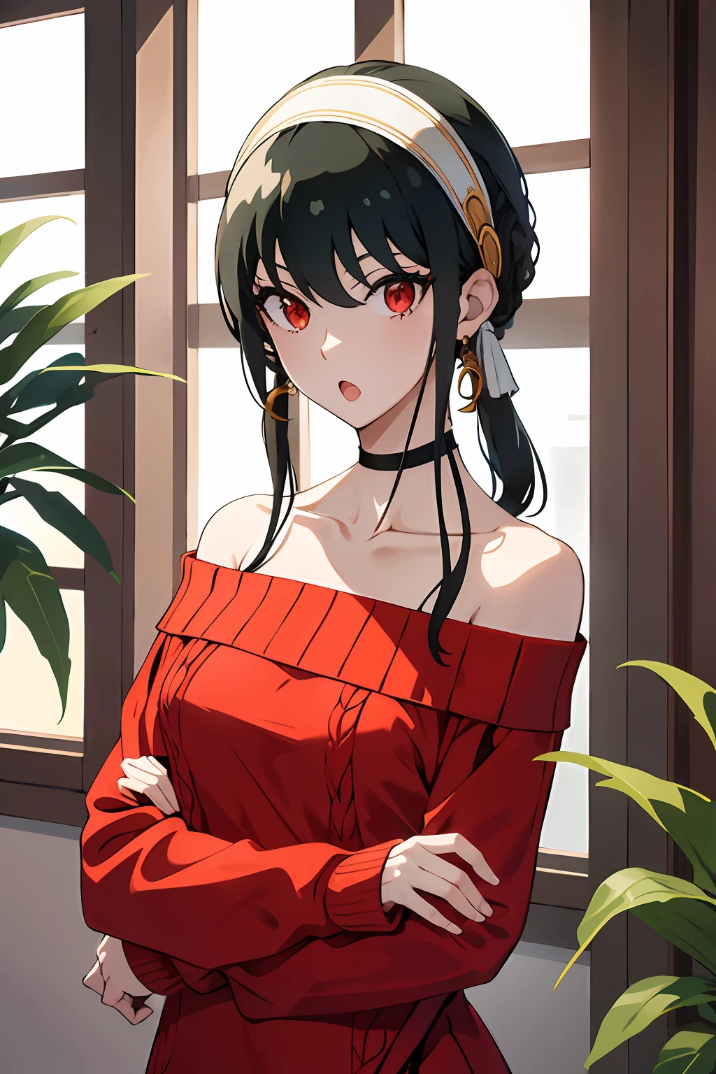 masutepiece, Yor, 1girl in, Solo, Looking at Viewer, Open mouth, Black hair, Red Eyes, Dress, Bare shoulders, Jewelry, 鎖骨, side locks, shairband, earrings, Indoors, off shoulders, :o, Sweaters, arms behind back, plant, short hair with long locks, white hairband, Off shoulder dress, sweater dress, off-the-shoulder sweater, Red Sweater, large side hair, Very long side hair,