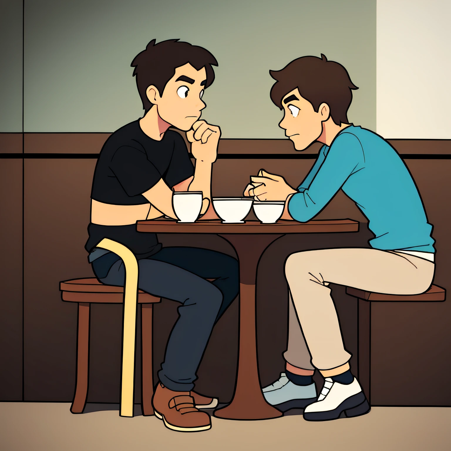 Desenho animado de dois homens sentados em uma mesa comendo cereal - SeaArt  AI