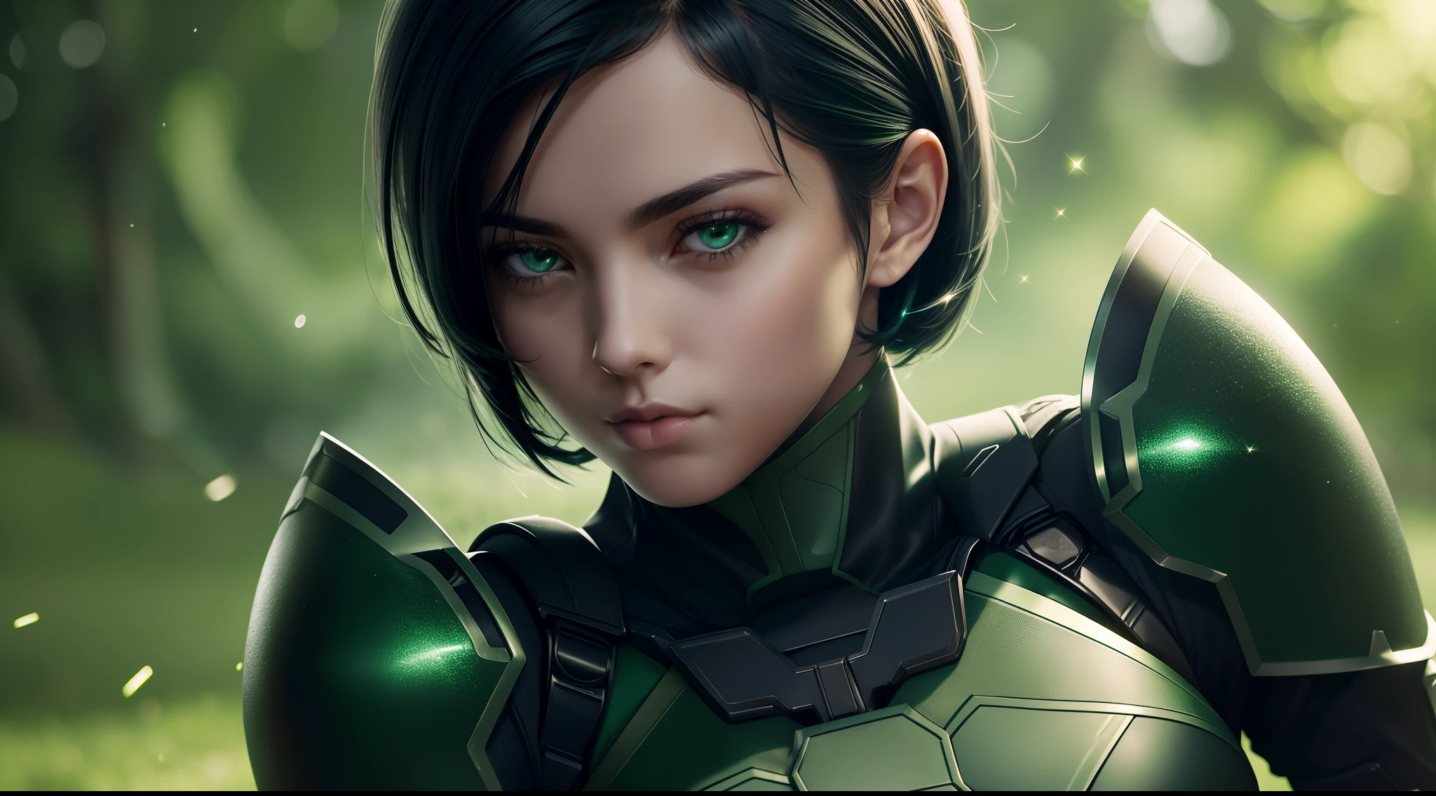 (focused upper body, only 1 girl, wearing battle suit outfit, sparkling green eyes, short black hair, green background), nice perfect face with soft skin, intricate detail, 8k resolution, masterpiece, 8k resolution photorealistic masterpiece, professional photography, natural lighting, detailed texture,