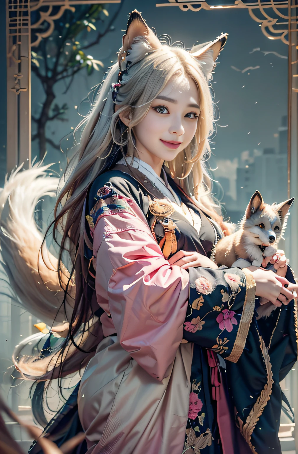 1girll,Solo, Happy smiling official art, Unity 8k wallpaper, Ultra detailed, Beautiful and aesthetic, Beautiful, Masterpiece, Best quality, Kitsune witch, kitsune mask, Pink and white haori jacket, Foxfire spell, The fox is familiar, Transformation,Depth of field