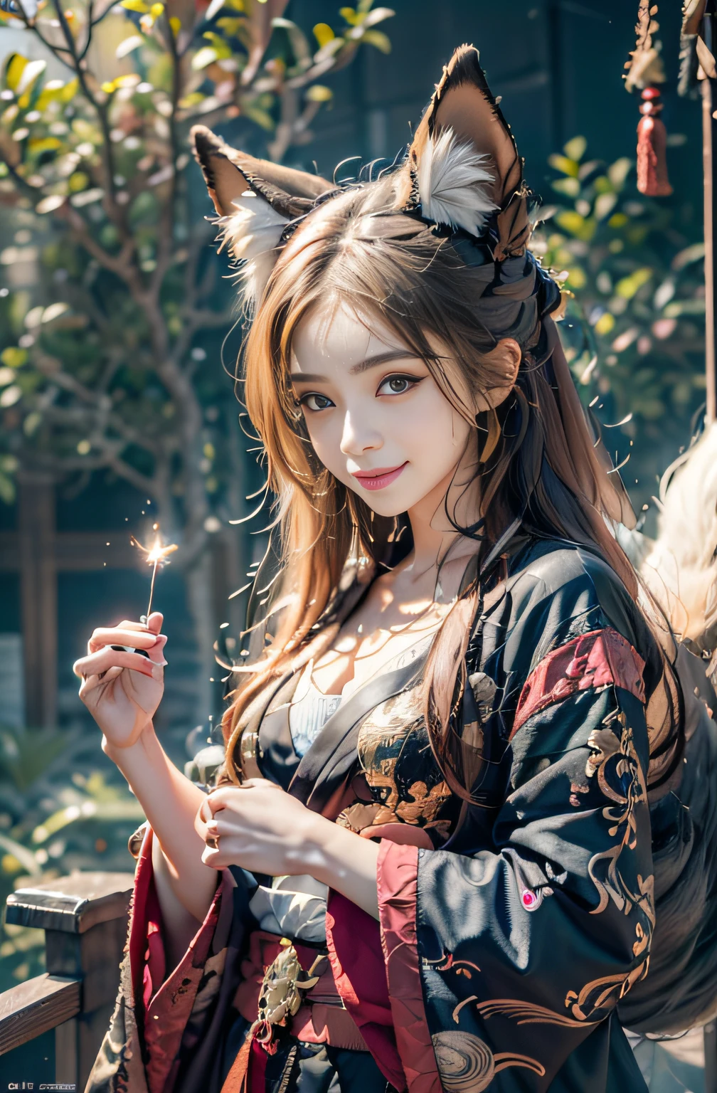 1girll,Solo, Happy smiling official art, Unity 8k wallpaper, Ultra detailed, Beautiful and aesthetic, Beautiful, Masterpiece, Best quality, Kitsune witch, kitsune mask, Pink and white haori jacket, Foxfire spell, The fox is familiar, Transformation,Depth of field