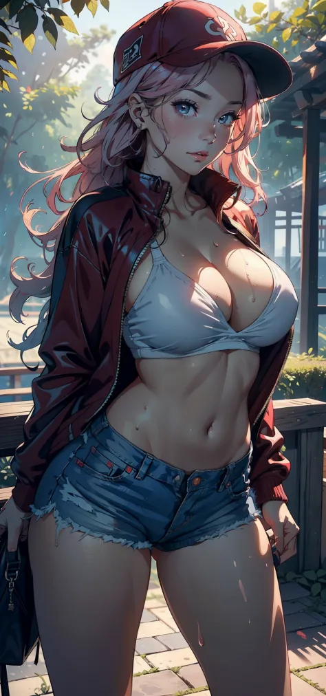 1female，35yo，熟妇，the super hot and sexy，gigantic cleavage breasts，Pornographic exposure， 独奏，（Background with：ln the forest，the rainforest，in summer） She has long pink hair，The hair was long，With baseball cap，standing on your feet，Sweat profusely，drenched al...