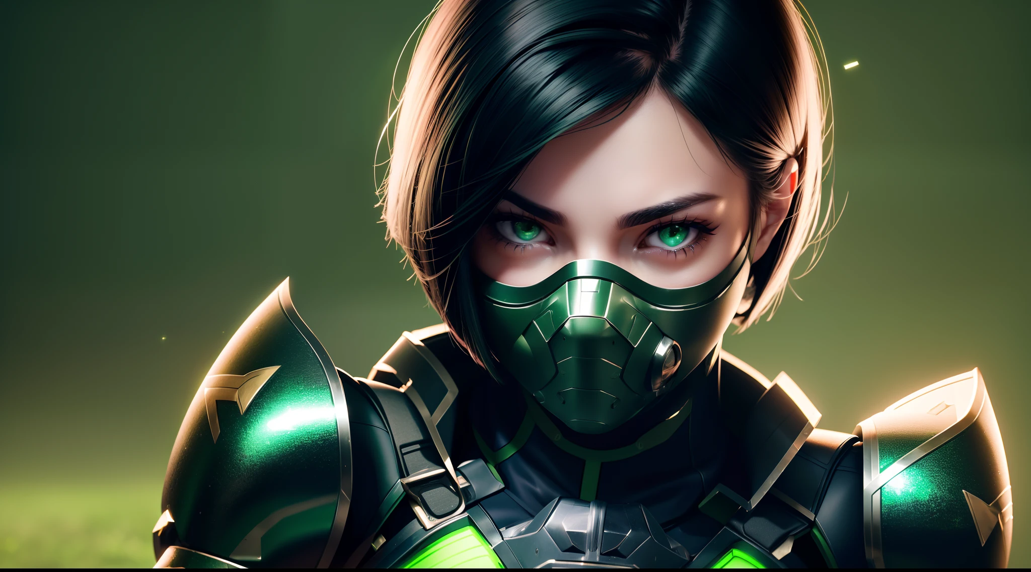 (focused upper body, only 1 girl, wearing battle suit outfit, sparkling green eyes, short black hair, wearing face mask, green background), nice perfect face with soft skin, intricate detail, 8k resolution, masterpiece, 8k resolution photorealistic masterpiece, professional photography, natural lighting, detailed texture,