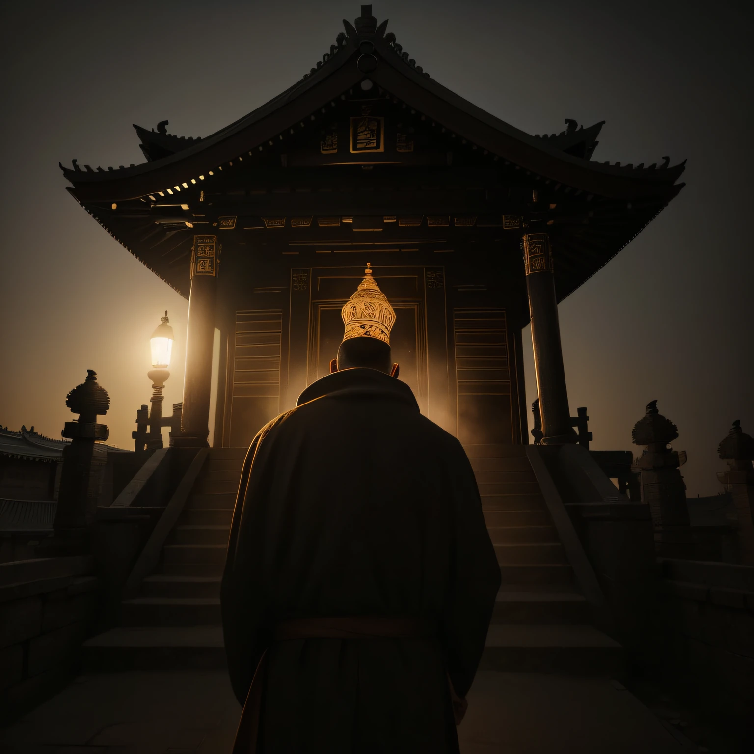 Create an illustration of a man on his back being protected by spirits surrounding him inside a temple