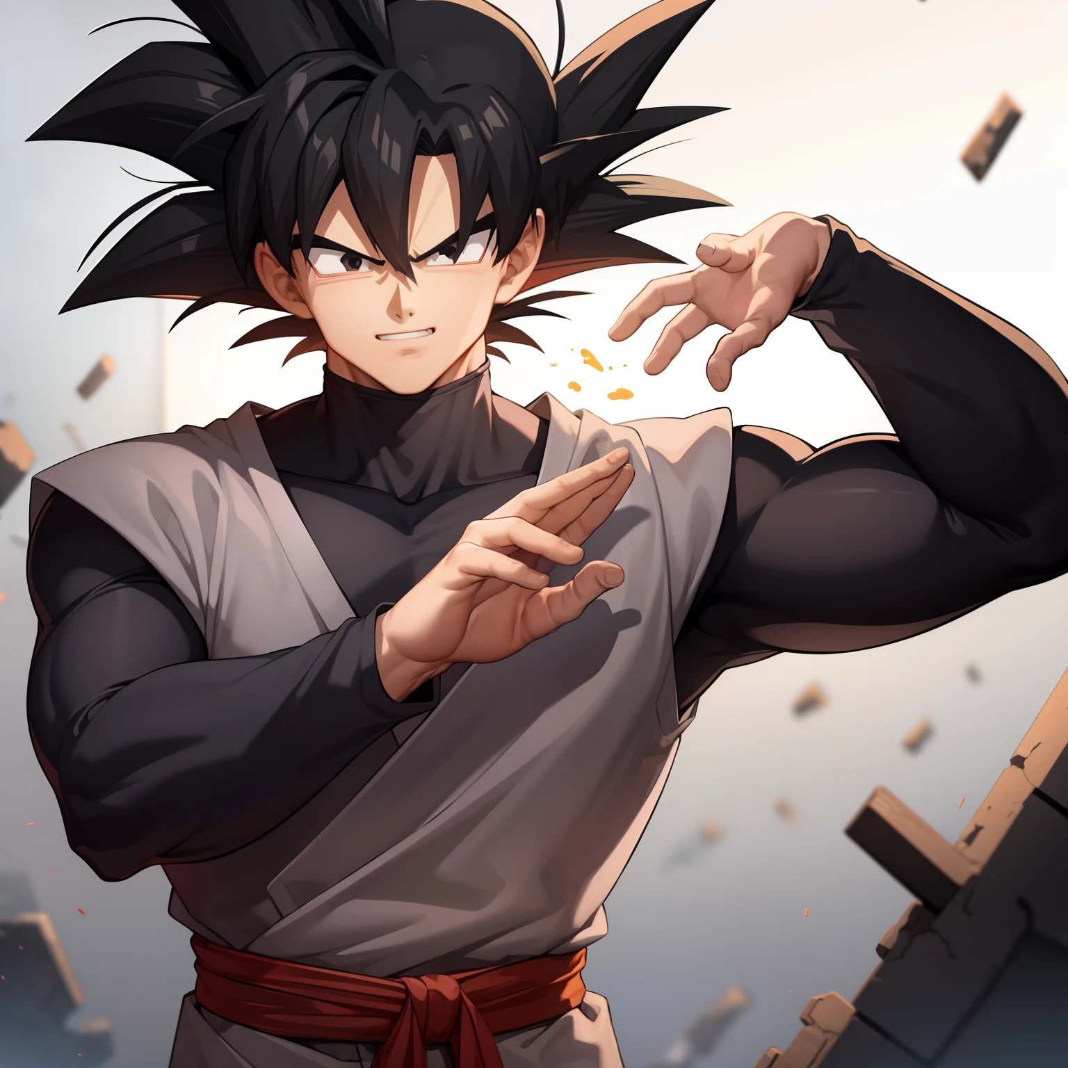 ((masterpiece, best quality)),(complex light), 1boy,solo,upper body, goku black outfit, black and red gi,black hair,black eyes,  destroyed debris background,smirk, fire, anime hair