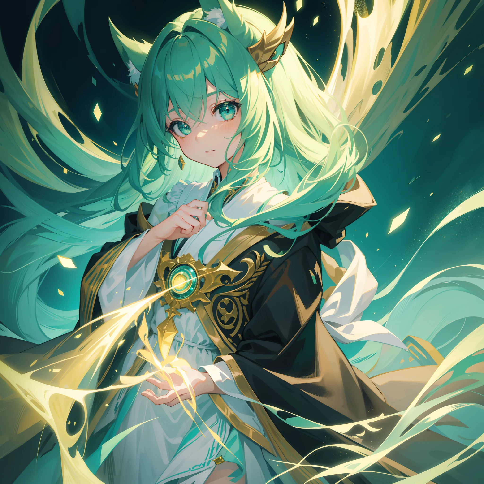 {{Best quality}}, {{Masterpiece}}, {{super ultra detail}}, {{illustration}}, {{Detailed light}}, one-girl，Green hair，Gradient, Turquoise eyes, Loli style, beast ear，The robes of the priests，(Dynamic lighting:1.2)，