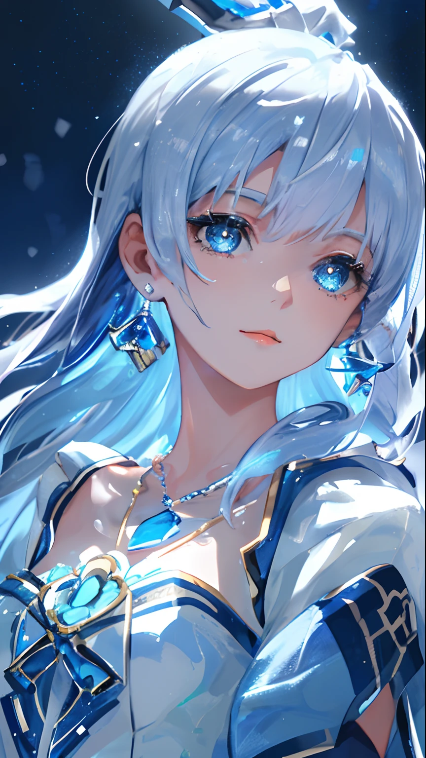 masterpiece, best quality, illustration, sax blue, platinum earrings, platinum necklace, white dress, 1girl, cute, (dynamic lighting:1.2), cinematic lighting, delicate facial features, detailed eyes, sharp pupils, realistic pupils, depth of field, bokeh, sharp focus, (hyper-detailed, bloom, glow:1.4), many small gems