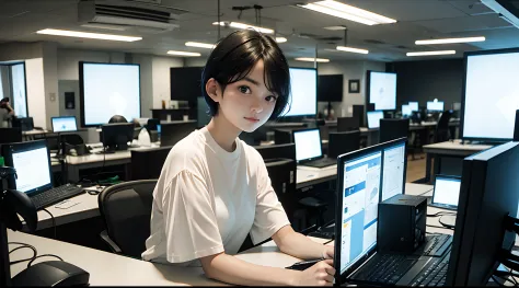 Masterpiece, top quality, 1 lady,  20-years-old, ((short-hair)), ((Computer Lab))