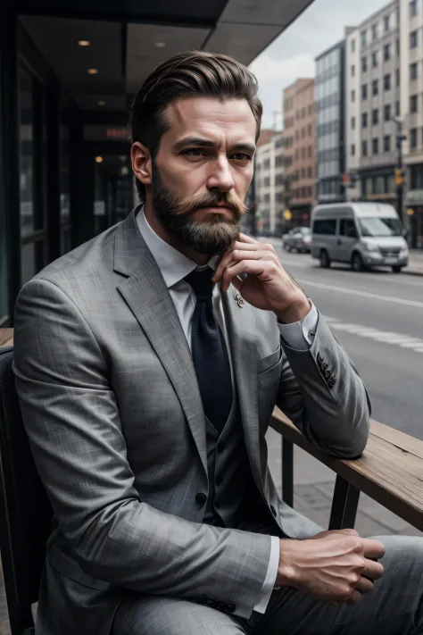 (RAW photo:1.2), a man wearing a business suit sitting outside, beard, tired, candid shot, best quality, 8k, uhd, photorealistic