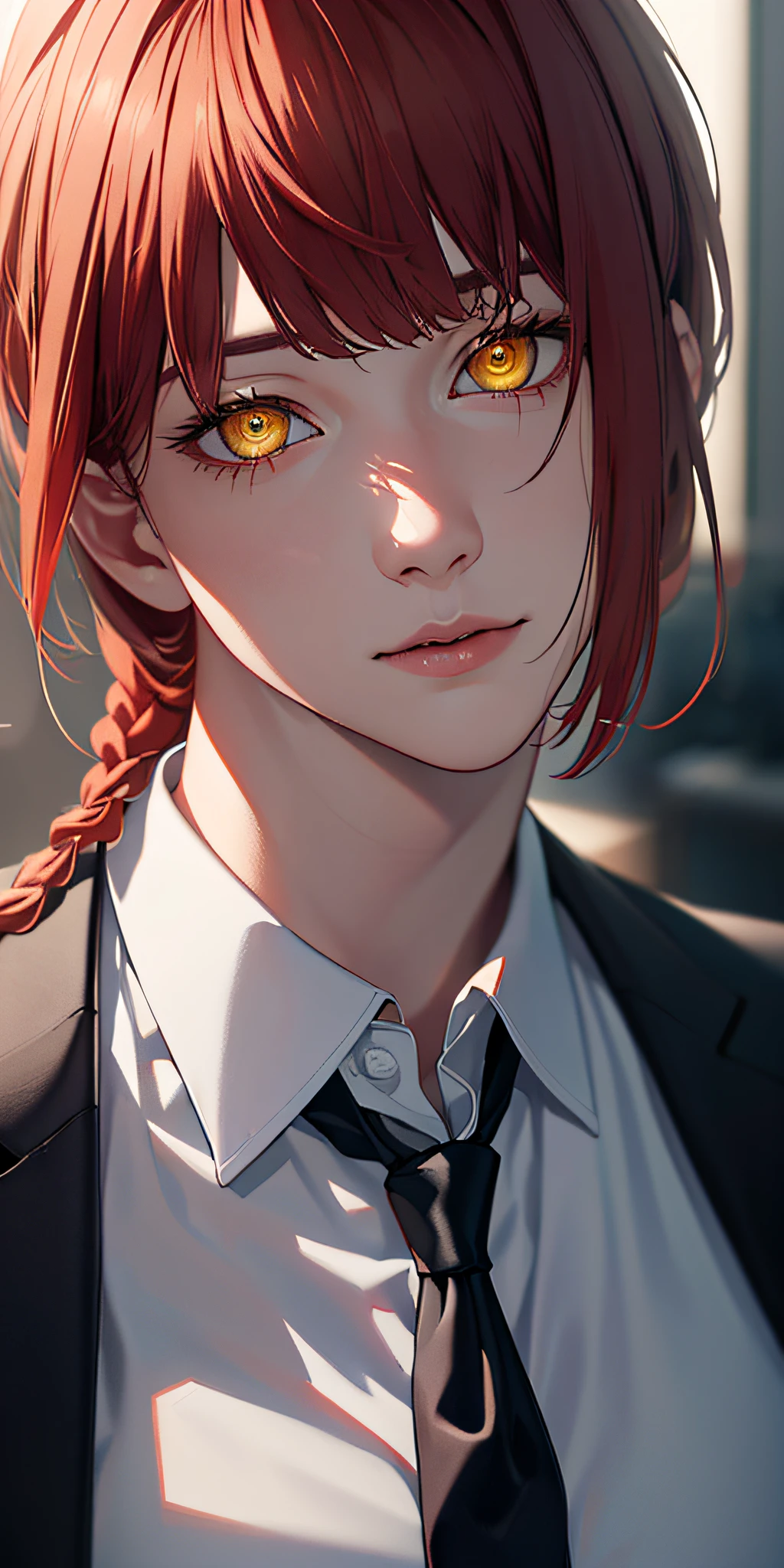 masterpiece, (photorealistic:1.4), best quality, beautiful lighting, makima \(chainsaw man\), (red hair)+(long braided hair)+(bangs), yellow eyes, golden eyes, (ringed eyes), (white shirt), (necktie),
RAW photo, 8k uhd, film grain