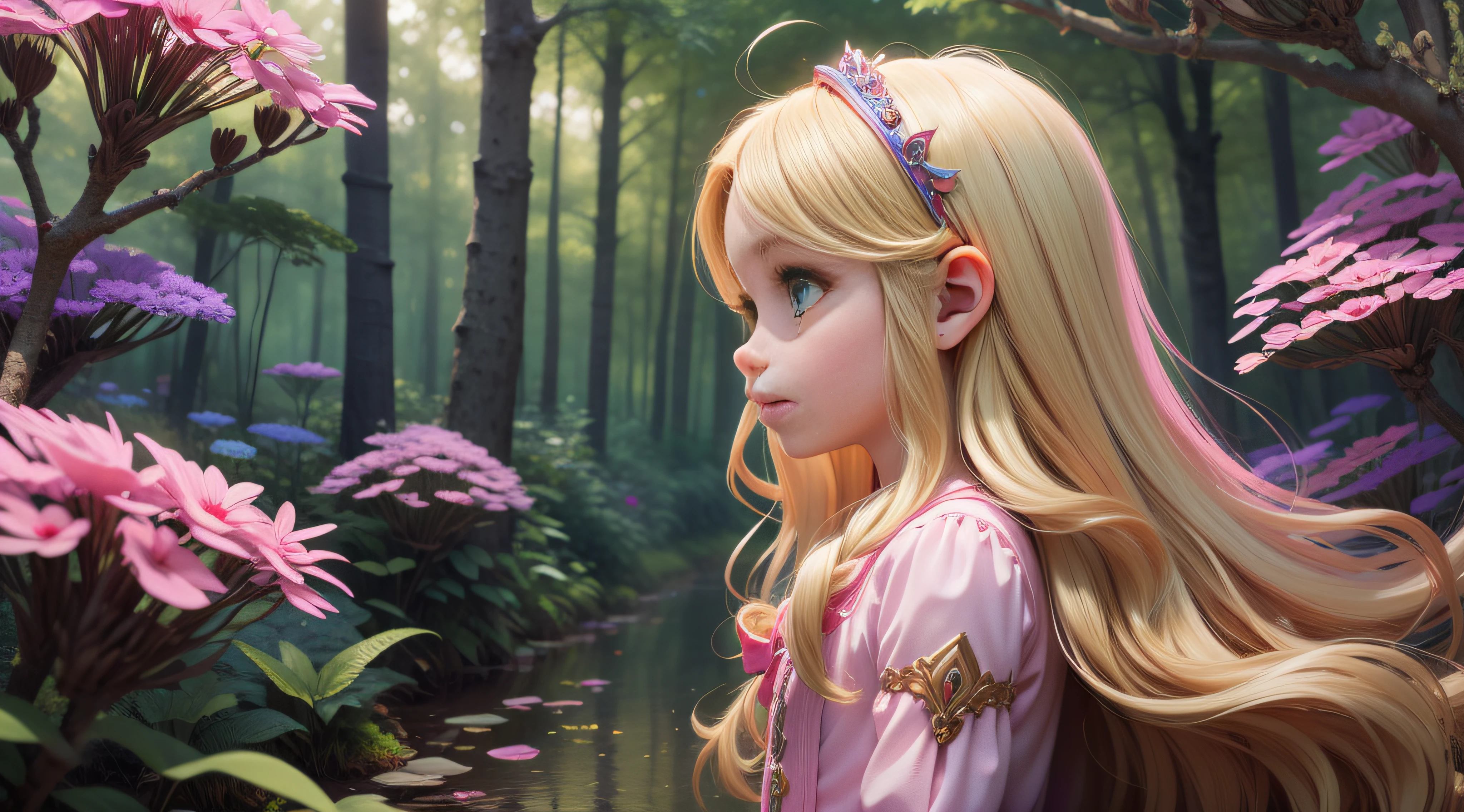 "A little human girl, 6 years old, long blonde hair, beautiful green eyes, simple pink dress, in profile to the viewer, looking at a bright fairy, enchanted forest in the background, small floating glowing spheres."