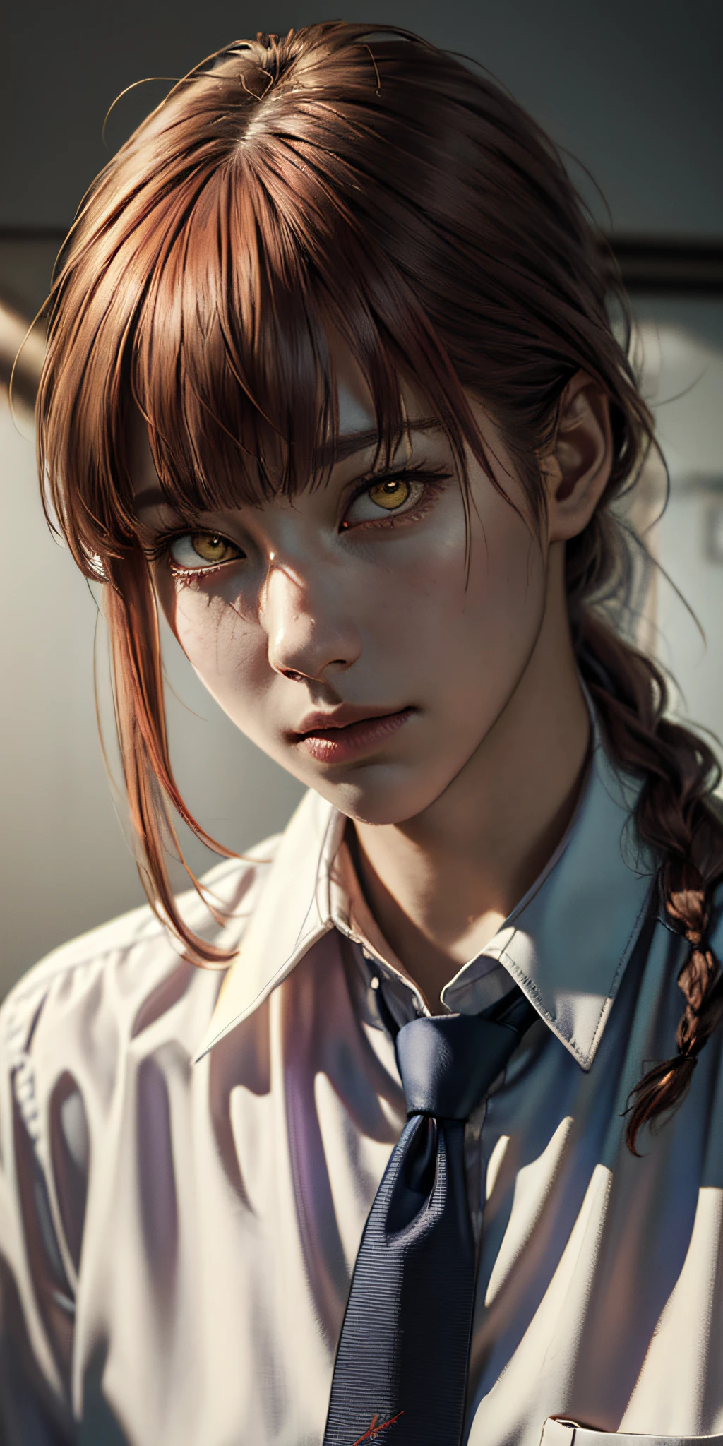 masterpiece, (photorealistic:1.4), best quality, beautiful lighting, makima \(chainsaw man\), (red hair)+(long braided hair)+(bangs), yellow eyes, golden eyes, (ringed eyes), (white shirt), (necktie),
RAW photo, 8k uhd, film grain