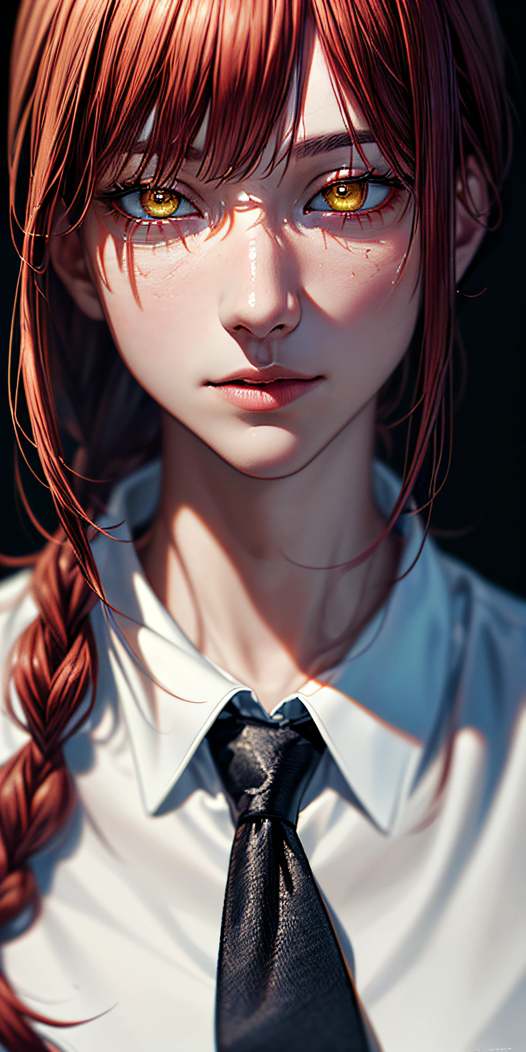 masterpiece, (photorealistic:1.4), best quality, beautiful lighting, makima \(chainsaw man\), (red hair)+(long braided hair)+(bangs), yellow eyes, golden eyes, (ringed eyes), (white shirt), (necktie),Prepare to be amazed by the astonishing level of detail in this ultra-realistic 10k high resolution artwork, where the fusion of Digital Painting, Anime Art, (masterpiece: 1.5) (photorealistic: 1.1) (bokeh) (best quality) (detailed skin texture pores hair: 1.1) (intricate) (8k) (HDR) (wallpaper) (cinematic lighting) (sharp focus )