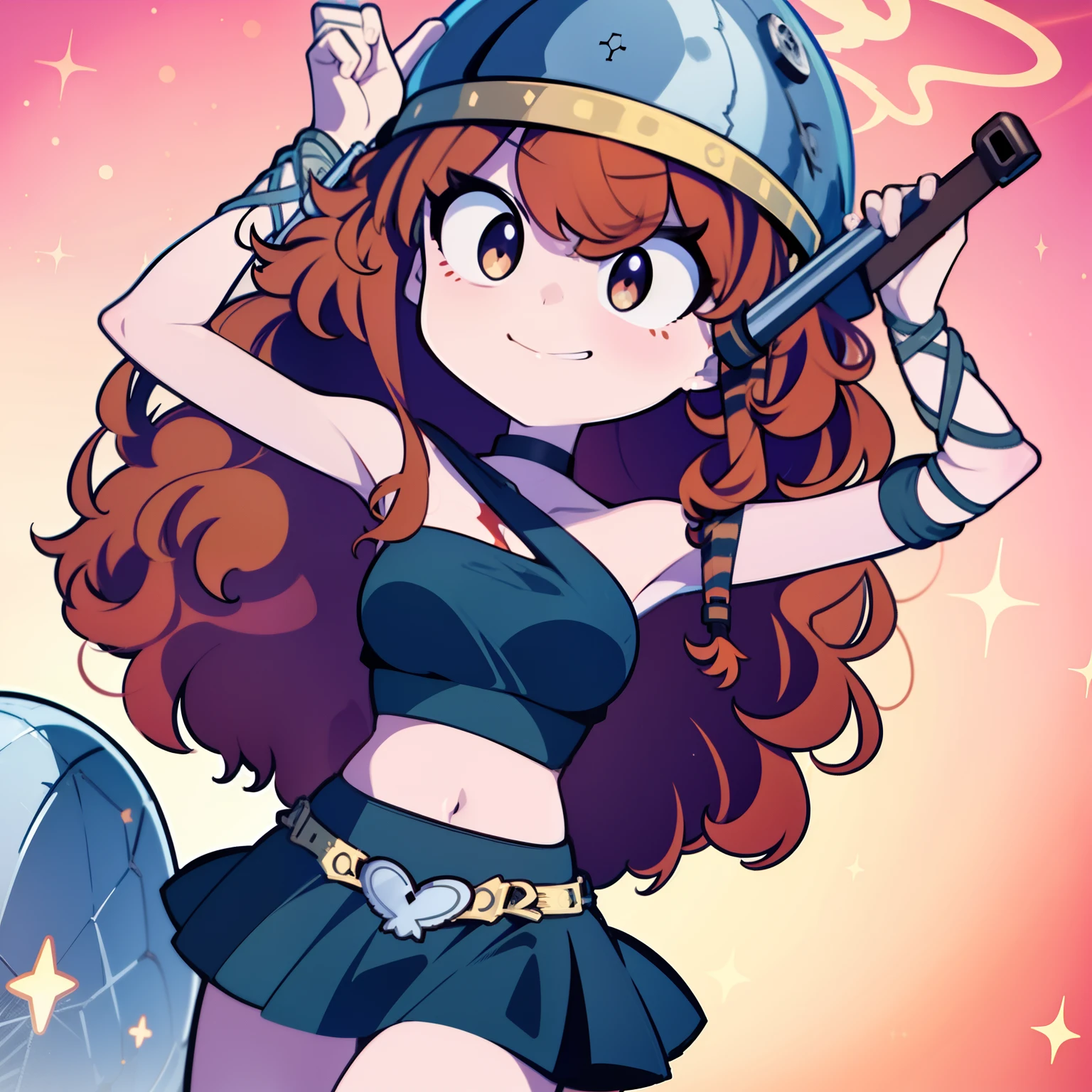 1girl, Barbara, long hair, red hair, helmet, skirt, tube top, curly hair, skull, black eyes, perfect anatomy, ai's pose