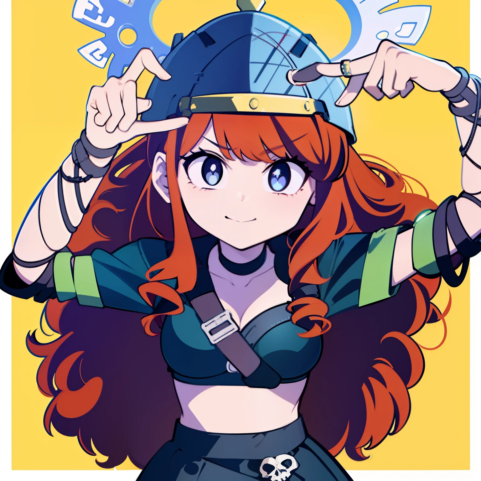 1girl, Barbara, long hair, red hair, helmet, skirt, tube top, curly hair, skull, black eyes, perfect anatomy, ai's pose