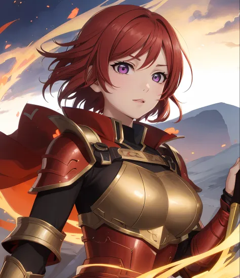 Nishikino maki, Purple eyes, red hair, short hair,(armor:1.2),Golden Armor , llchar,  upper body,solo, face close up,big breasts