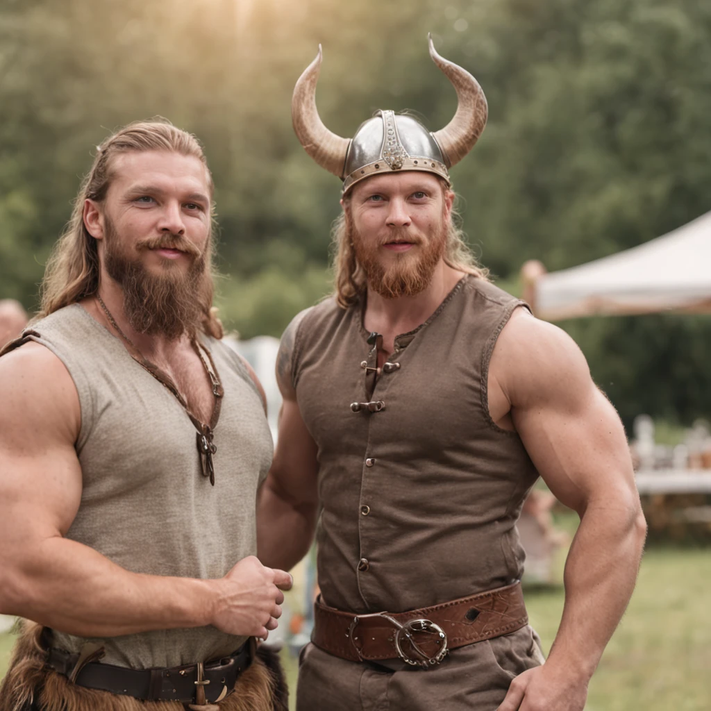 фото мускулистых викингов-геев, веселящихся на улице теплым летним вечером.  много людей - SeaArt AI
