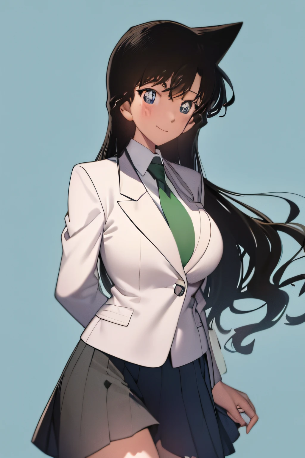 ((masterpiece)), (beach), (8k, high_resolution), ((distinct_image)),((1girl, solo)) ,extremely detailed CG, ((best quality)), (meitantei conan \(style\), detecive conan \(style\), meitantei conan), (((black hair, long hair, wavy hair))), solo, beautiful eyes and detailed face, (large breasts:1.2), (wide hip:1.3), (thick thigh), (long height), ((blush, smile:1.1)), (abs:0.8), ((black hair, black eyes:1.4)), ((1girl, solo)), ((school uniform, green necktie, white shirt, blue blazer, blue jacket:1.2)), cowboyshot